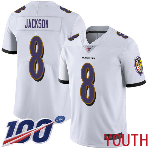 Baltimore Ravens Limited White Youth Lamar Jackson Road Jersey NFL Football #8 100th Season Vapor Untouchable
